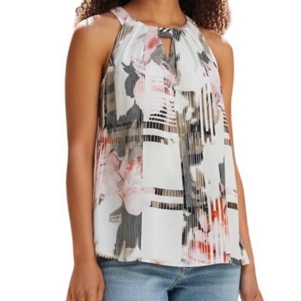 WHITE HOUSE BLACK MARKET Floral‎ Geometric Keyhole Pink Black Top EUC Size 8